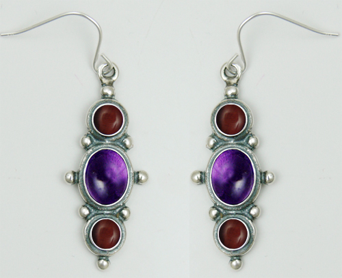 Sterling Silver Drop Dangle Earrings With Amethyst And Red Tiger Eye